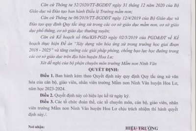 Bộ quy tắc ứng xử trường Mầm non Ninh Vân năm học 2023 – 2024