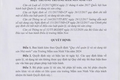 Quyết định ban hành Quy chế quản lý và sử dụng tài sản nhà nước của trường MN Ninh Vân năm 2024