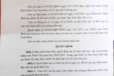 Quyết định ban hành Nội quy – Quy chế làm việc trường MN Ninh Vân năm học 2024 – 2025