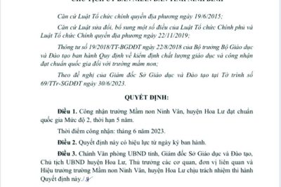 Quyết định về việc trường Mầm non Ninh Vân đạt chuẩn quốc gia mức độ 2 thời hạn năm năm bắt đầu từ tháng 06 năm 2023