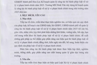 Kế hoạch về việc Quản lý công tác thi hành pháp luật về xử lý vi phạm hành chính của trường MN Ninh Vân năm 2025