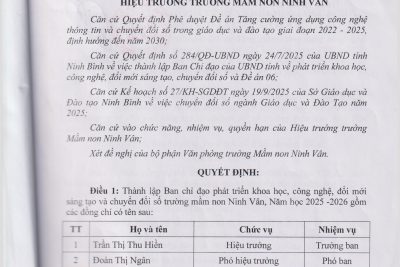 Quyết định thành lập và Kế hoạch phát triển khoa học, công nghệ, đổi mới sáng tạo và chuyển đổi số trường MN Ninh Vân năm học 2025 – 2026